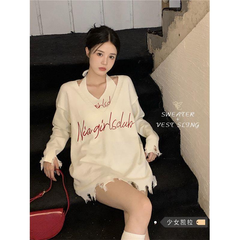 Gentle and Lazy Style White Knitwear Women's Two-Piece Autumn and Winter Abby Style Cultural Design Knitted Knitwear Top Set