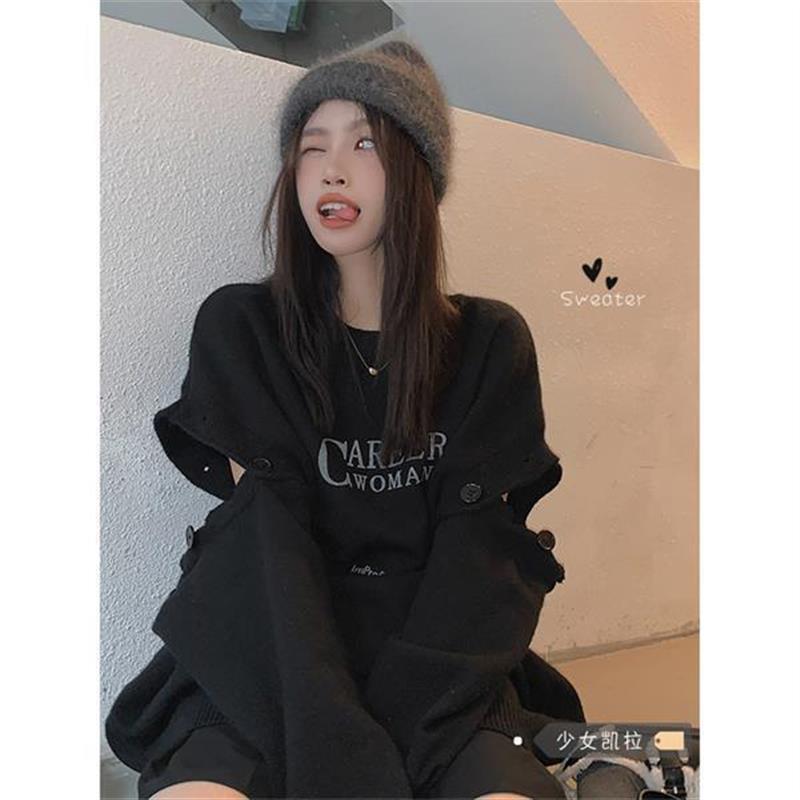 Yabi Style Culture Autumn and Winter Design Black Lazy Style Off-Shoulder Sweater for Women Slimming Letter Patchwork Knitwear
