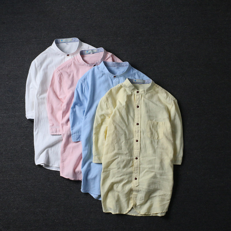 Summer new men's Korean version slim three-quarter sleeve denim shirt casual hemp solid color shirt shirt