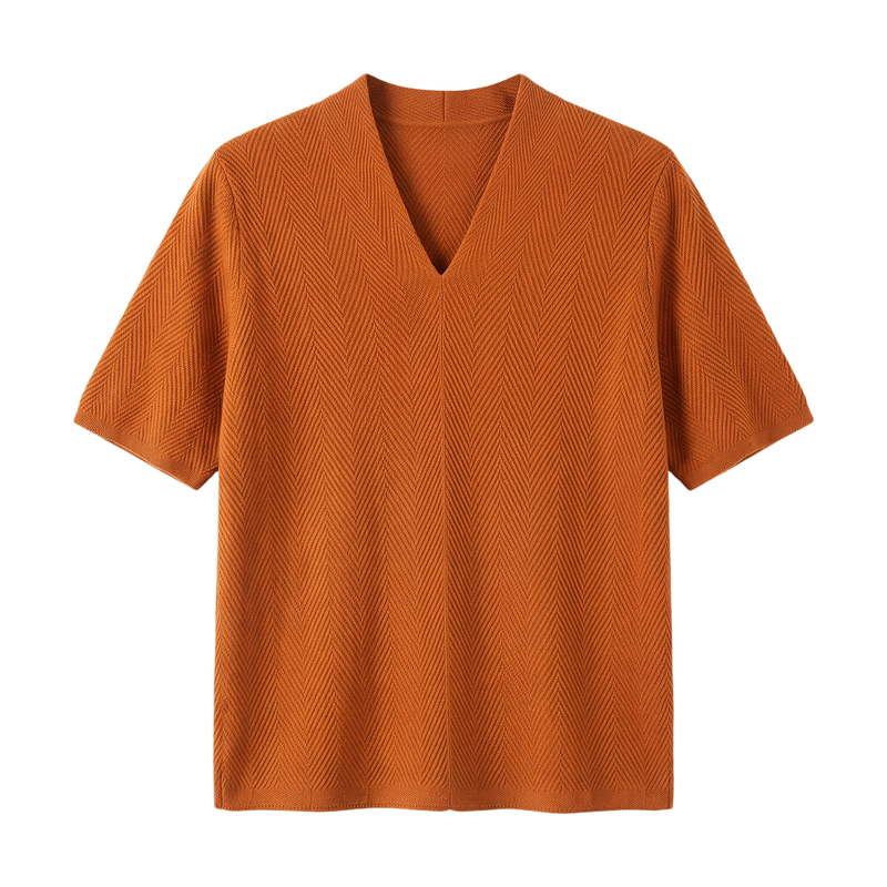Very Beautiful Design~ V-Shaped Monk Collar! Women's Silk and Wool Mid-Sleeve Knit Top with Herringbone Pattern Short Sleeves Very Beautiful Design~ V-Shaped Monk Collar! Women's Silk and Wool Mid-Sleeve Knit Top with Herringbone Pattern Short Sleeves