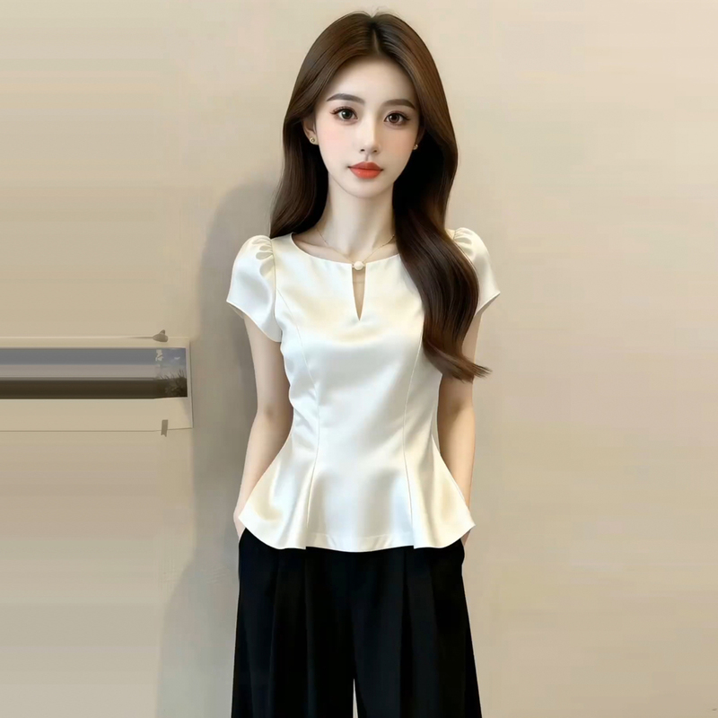Elegant Chanel-Style Hollow-Out Short-Sleeve Shirt, 2026 Summer New Fashion, Waist-Cinching Top, Stylish and Slimming Satin Blouse