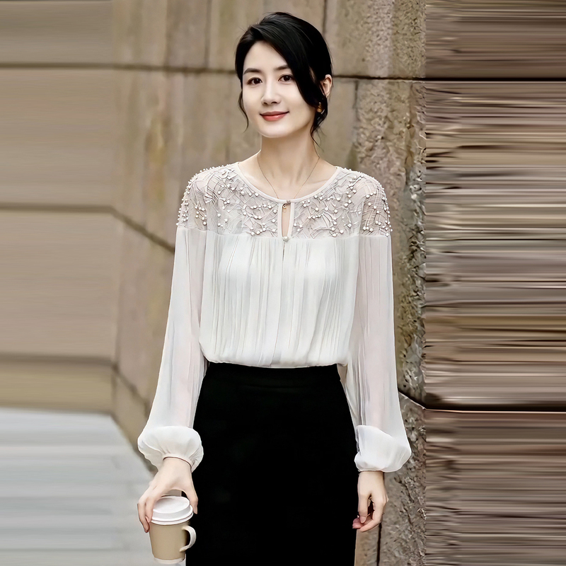 French-Style White Lace Patchwork Beaded Long-Sleeve Shirt for Women, 2026 Autumn New Style, Elegant Round-Neck Blouse, Light and Mature Top