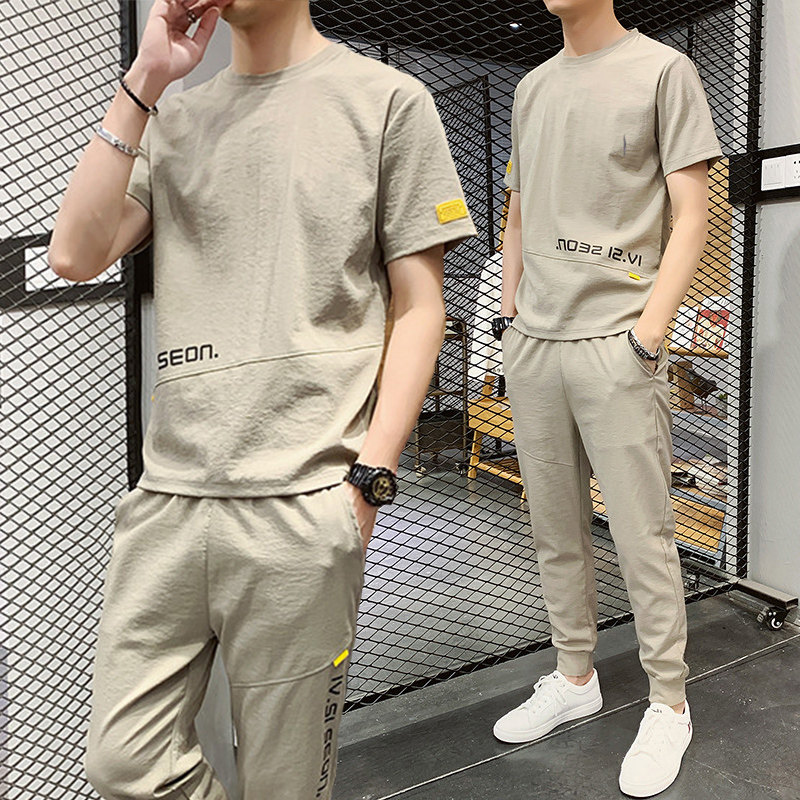 Sports Suit Men's Summer Fashion Handsome Sportswear Sportswear Men Casual Suit Short Sleeve Long Pants Running Suit Trends