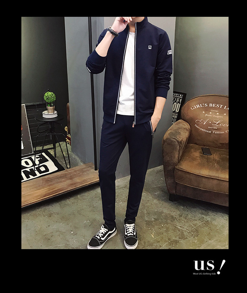 Quần áo thể thao nam giản dị mùa xuân và mùa thu nam áo len cardigan dài tay chạy bộ quần áo cotton hai mảnh - Thể thao sau bộ thể thao nam