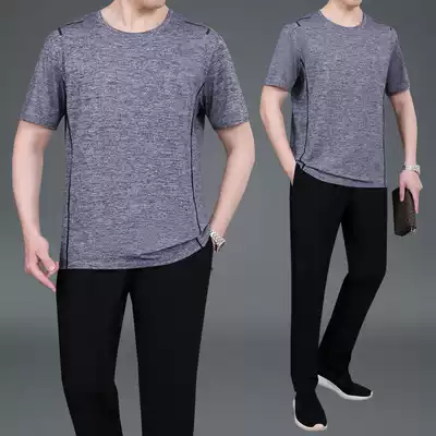Sports suit men's summer middle-aged short-sleeved trousers casual morning running suit Ice Silk quick-drying breathable loose two-piece set