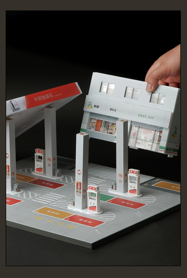 Модель машины 1:64中石化加油站带灯微缩场景拼装停车场模型彷真合金车模收藏