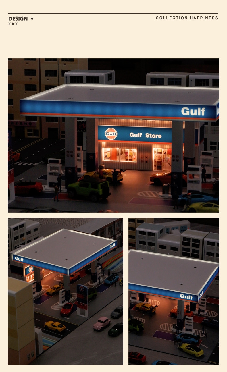 Модель машины 1:64中石化加油站带灯微缩场景拼装停车场模型彷真合金车模收藏