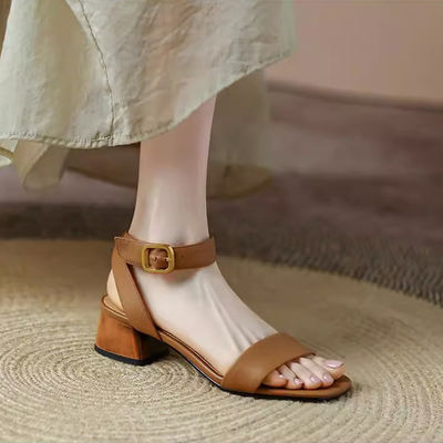 Mid-heel one-strap sandals for women, 2025 new summer French retro open-toe women's shoes, leather chunk-heeled Roma shoes