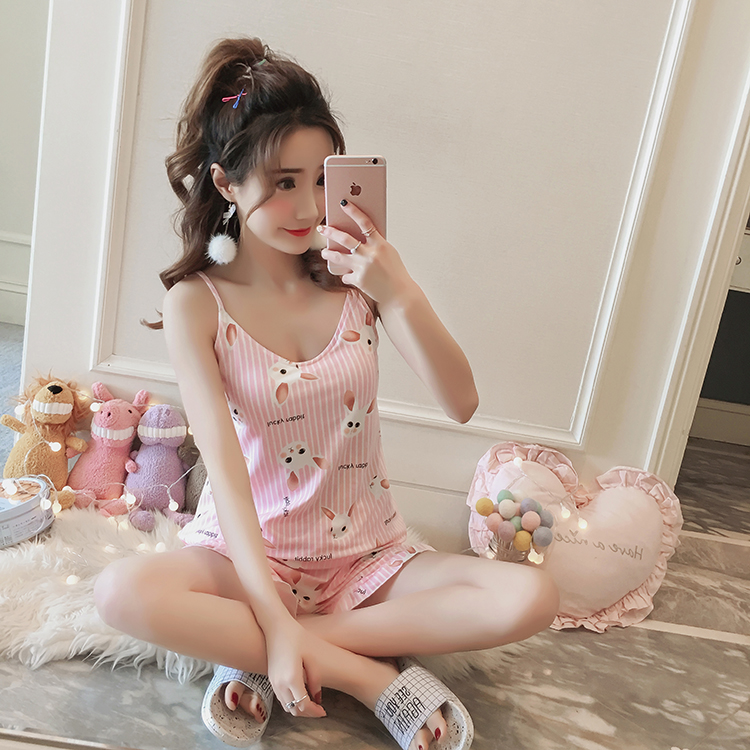 Với bộ đồ ngủ pad ngực nữ mùa hè sexy dây đeo bộ ngắn tay mặc áo ngực miễn phí đồ lót bông hai mảnh nhà dịch vụ