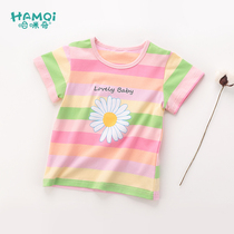 Girls short sleeves 21 years summer new Korean version of foreign style childrens Stripes T-shirt thin baby Daisy half sleeve t