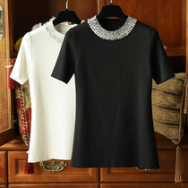 This one sincerely not to miss the heavy work nail beads black cover short sleeve white knit body blouses female spring and summer
