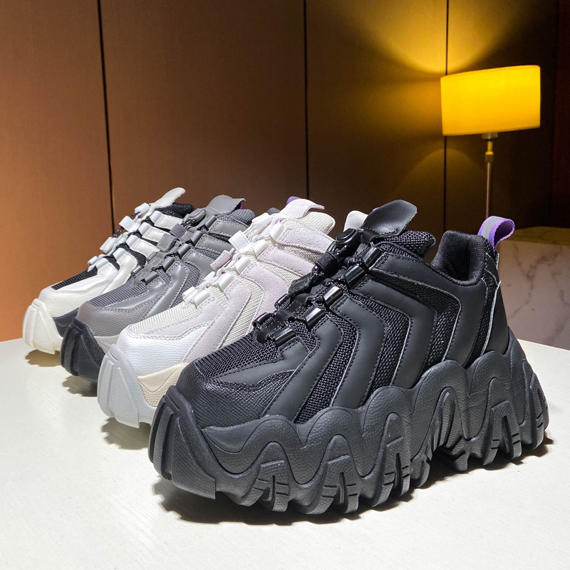 European Style 2026 New Genuine Leather Color-Blocked Platform Wedge Wave-Tooth Shoes Height-Increasing Slimming Dad Shoes Women's Trendy Shoes