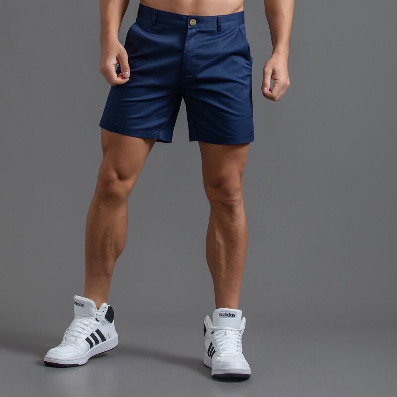 Men's Pure Cotton Casual Shorts, Three-Quarter Length, with Belt, Zipper and Button Closure, Solid Color
