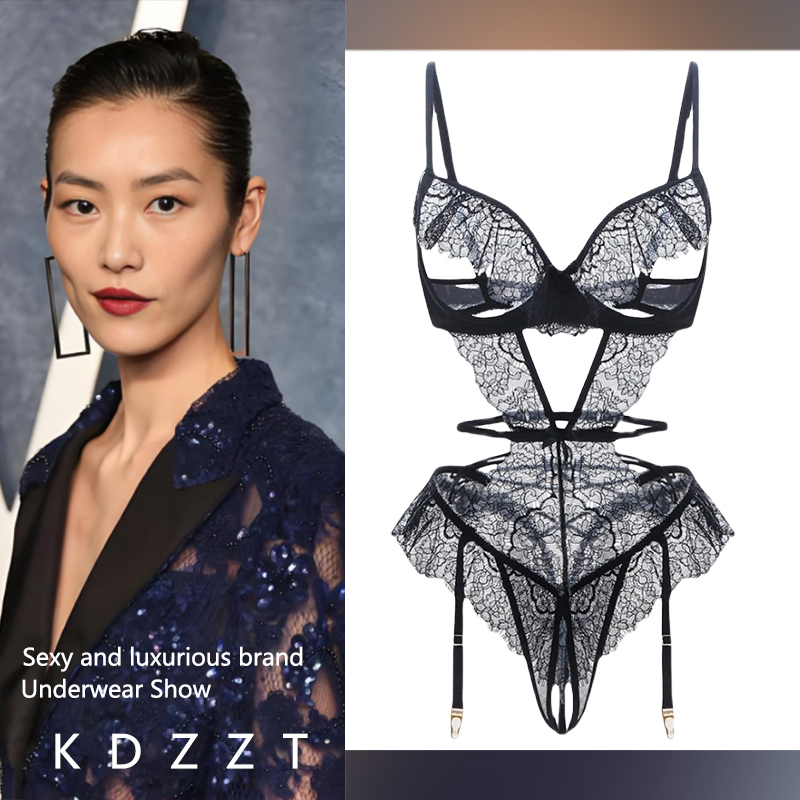 Kdzzt French Design Sexy Suspender Black Eyelash Lace One-Piece Temptation Lace-Up Large Size Bra Set
