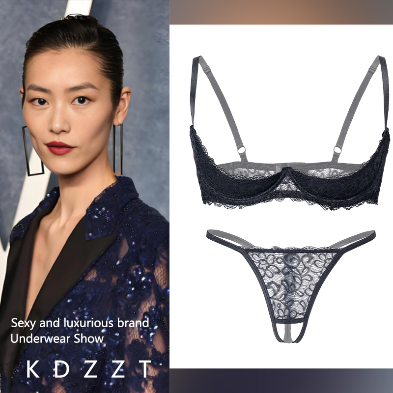 Kdzzt French Design Bra Set Hollow-Out Bra Ultra-Thin Three-Point Style Lingerie Quarter Cup for Women