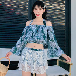 2024 Fairy Style Sleeved Swimsuit Women's Split Bikini Skirt Three-piece Style Korean Ins Conservative Student Swimwear