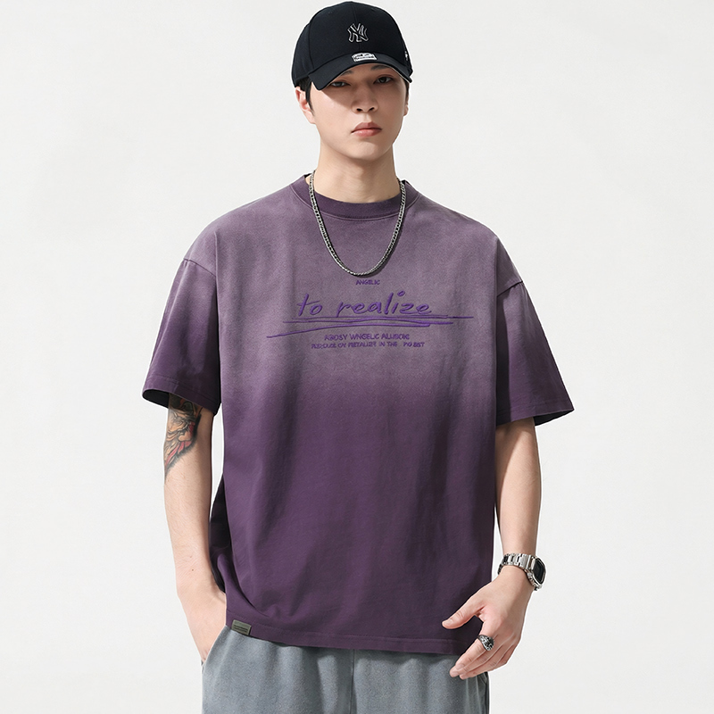 Fat Mars Plus Size Men's Summer Washed Gradient Short Sleeve T-Shirt Loose Trendy Foam Print Round Neck Half Sleeve