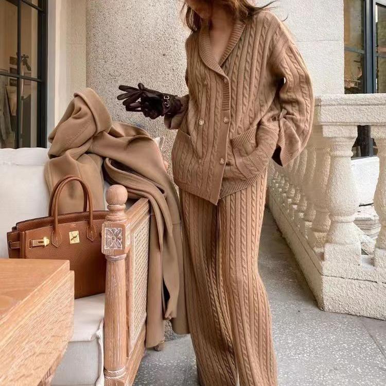 Old Money Style Lapel Cardigan and Wide-Leg Pants Two-Piece Set, Merino Wool Suit, Soft and Comfortable Knit Jacket