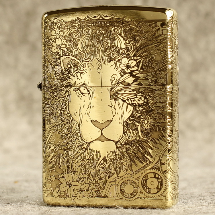 ZIPPO windproof lighter pure copper armor carved and etched on five sides punk lion and magpie gift male