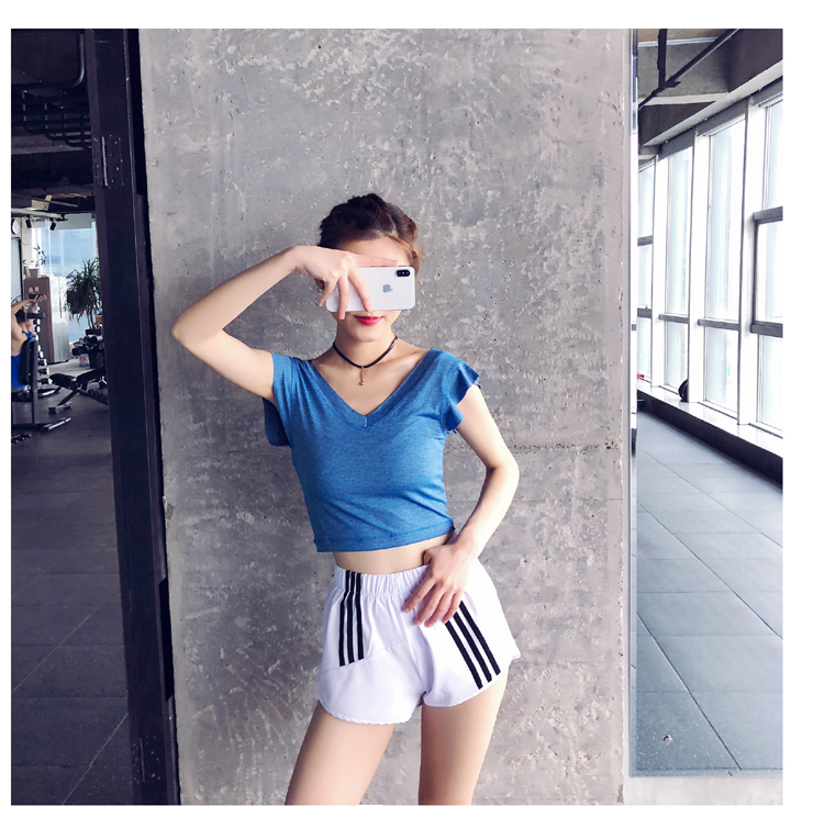 Áo thun ngắn nữ mùa hè thể thao thể thao áo sơ mi hở rốn áo sơ mi tay ngắn eo cao V-cổ áo tập thể dục - Áo phông thể thao áo tanktop nam khoét nách sâu
