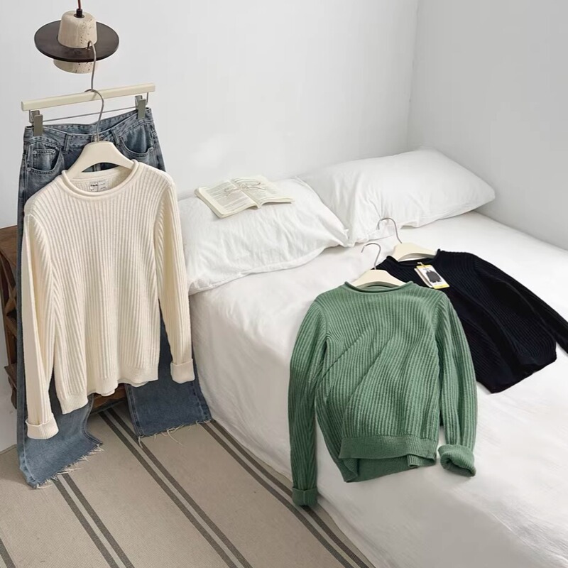 Full Marks for Organic Cotton! $21.9! American-Style All-Cotton Ribbed Long-Sleeve Knitwear Thin Sweater