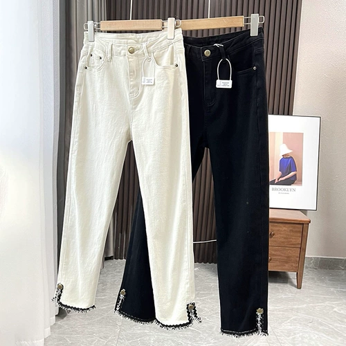 Дизайнерские модные штаны, джинсы с начесом, городской стиль, в западном стиле, в стиле Шанель, свободный прямой крой, стройный силуэт