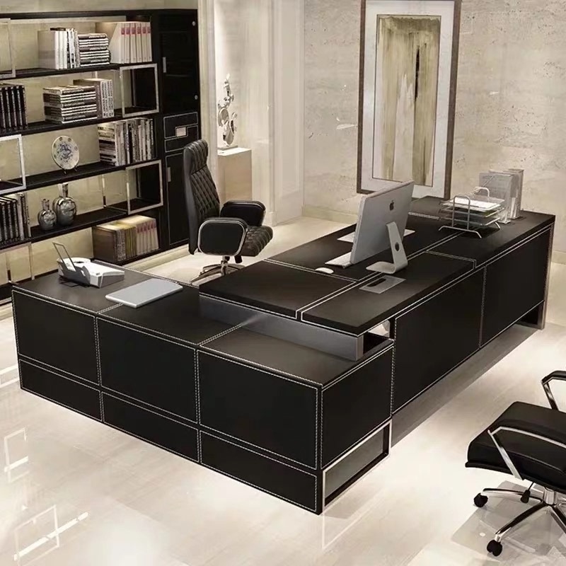 High-End Saddle Leather Executive Desk and Chair Set, Simple and Modern, Exclusive Office Furniture for the President, Executive Desk