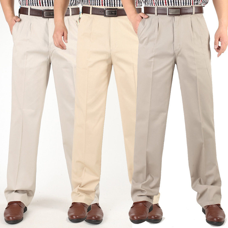 Spring Summer Thin Peck Wood Bird Men Casual Pants High Waist Double Plexant Pure Cotton Trousers Mid Aged Men's Straight Drum Loose Large Size