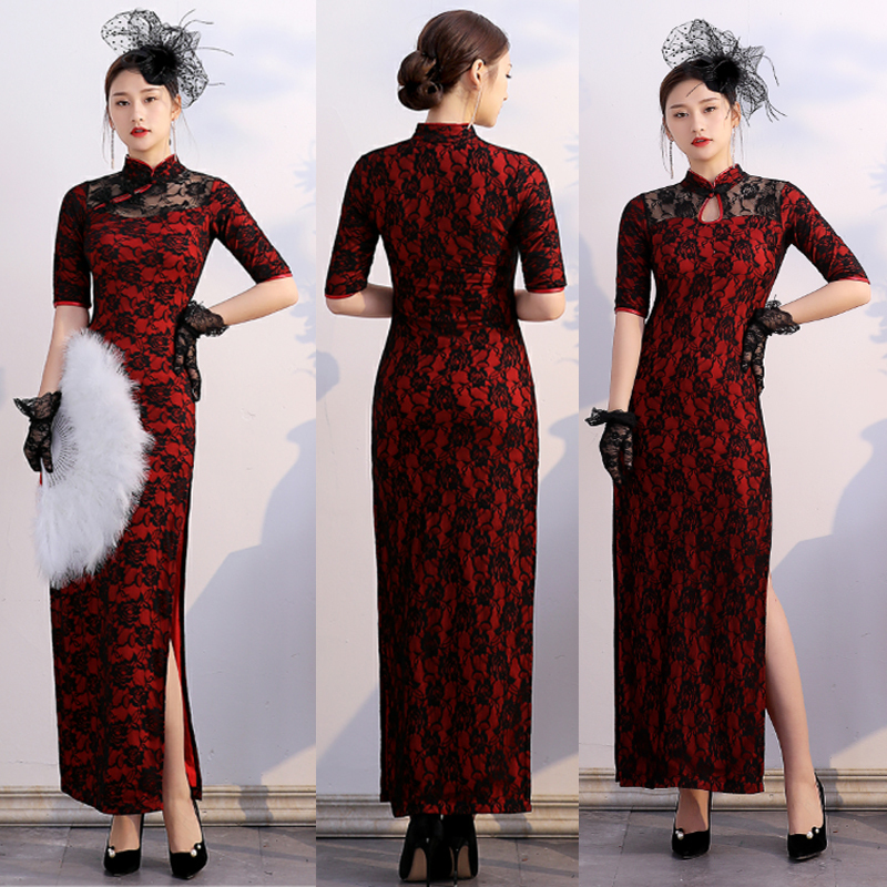 Plus-Size Lace Long Wedding Dress with Mid-Length Sleeves for Reception, Dance, Etiquette, Stage Performance, and Cheongsam