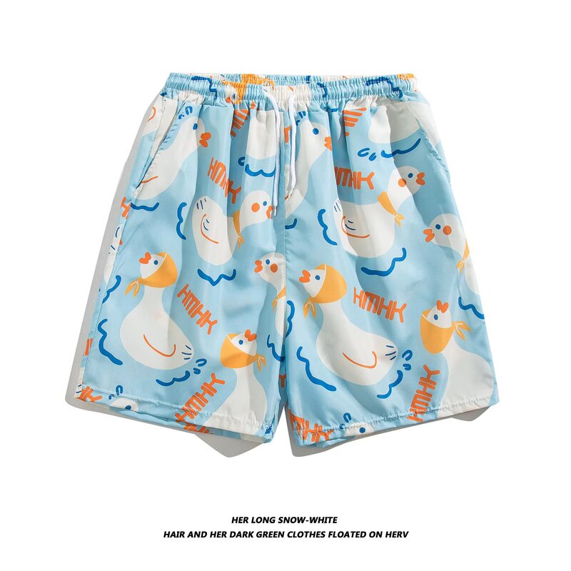 Casual Shorts for Men, Summer Chic Hong Kong Style, Loose Cartoon Duck Design, Suitable for Home and Outdoor Wear, Sleepwear, Quick-Drying Beach Shorts for Couples