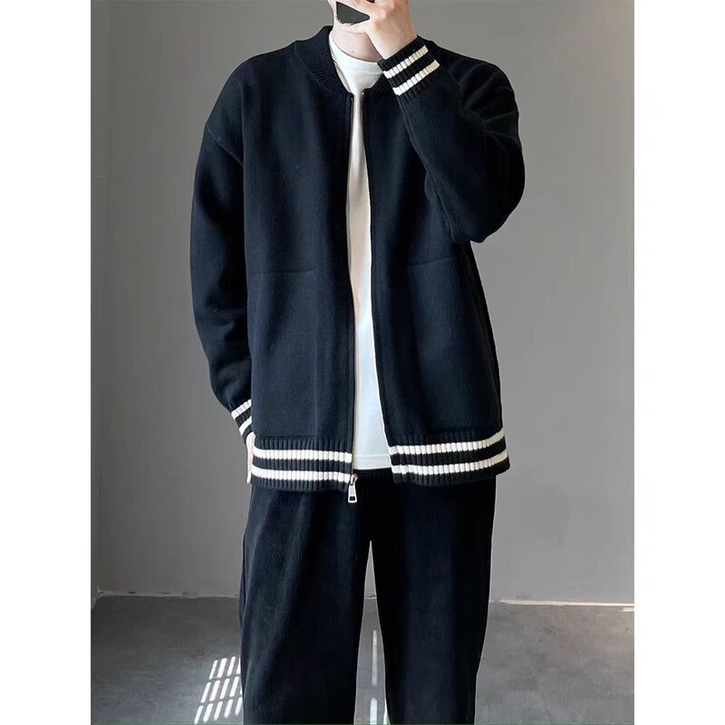 High-End Black Baseball Jacket Zipper Knit Cardigan Men's Korean Style Trendy Casual Loose Versatile Sweater Jacket