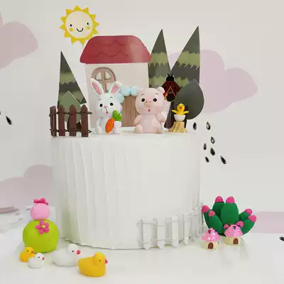 Children's baking cake decoration forest small animal House farm pig rabbit chicken duck first year party plug-in ornaments