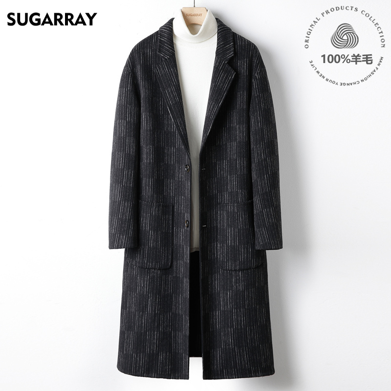 High-End Long Korean-Style Slim-Fit Wool Coat for Men, Autumn and Winter Striped Stylish Non-Cashmere Woolen Overcoat Trendy