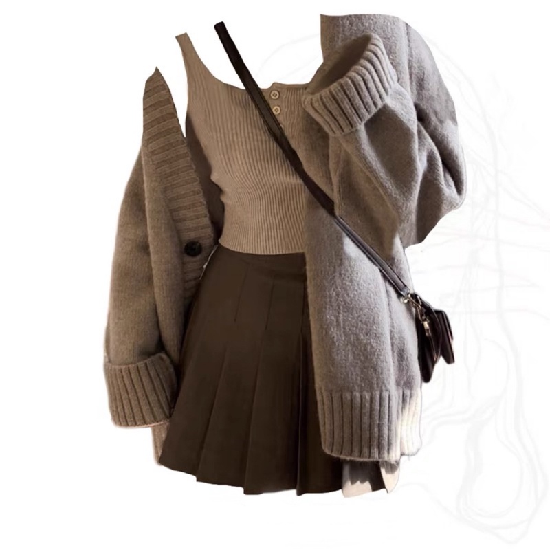 Plus-Size Lazy Style Retro Sweater Cardigan + Knitted Vest + High-Waisted Pleated Skirt Women's Autumn and Winter Suit