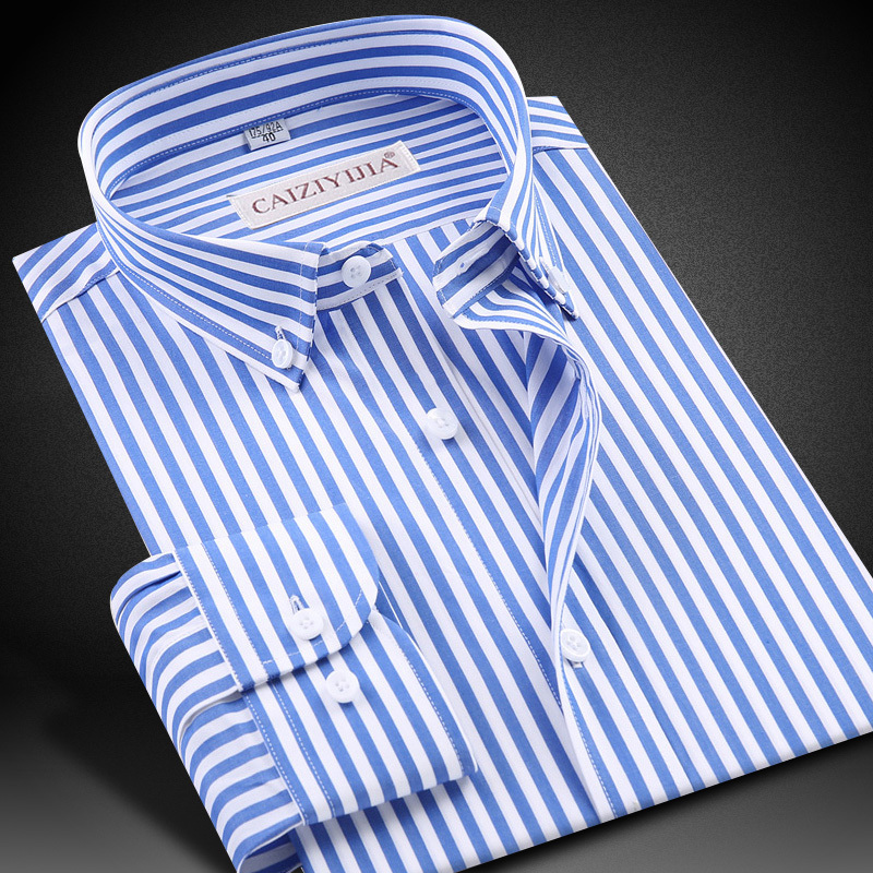 Men's Blue and White Striped Long-Sleeve Slim-Fit Trendy Pure Cotton Business Casual Formal Plaid Shirt, Stylish for Men