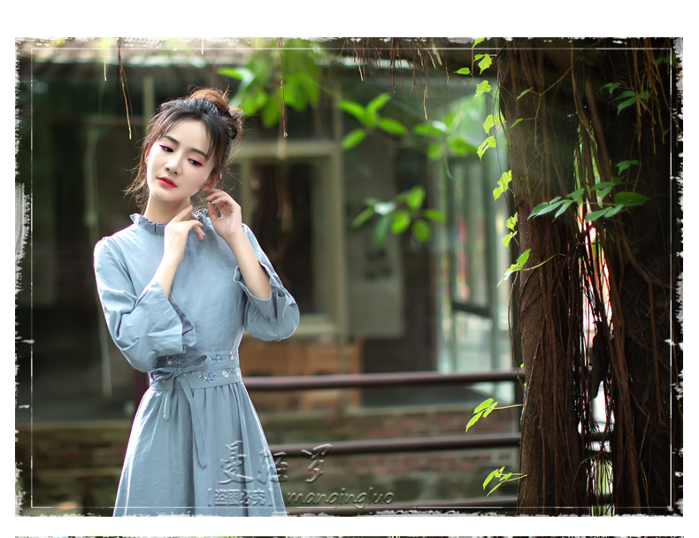Mangoluo 2018 mùa thu phong cách mới đồng bằng nghệ thuật retro gió vành đai rộng thêu bảy điểm tay áo đầm đầm cho người mập