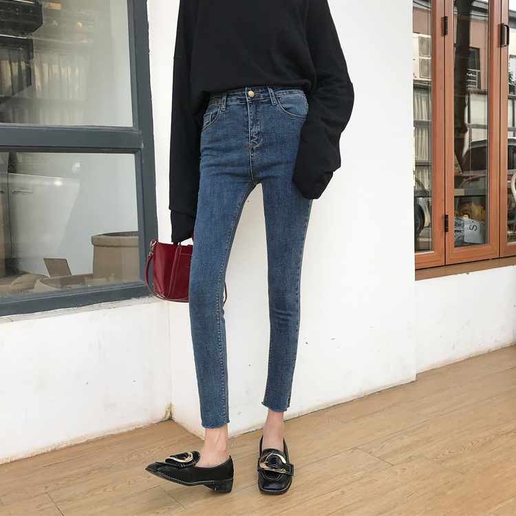 Nine-point pencil jeans New retro high waist tight strength side open fork soda pants black