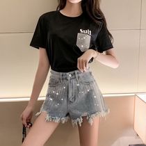 Heavy industry hot drill loose denim shorts women high waist burrs hole wide leg pants summer new chic students Wild