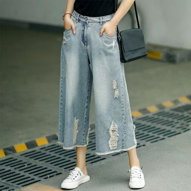 2022 Summer Thin Section High Waist Loose Wide Leg Pants Women's Ripped Holes Old Light Blue Jeans Retro Casual Cropped Pants