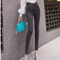 2021 spring Fashion High waist design Sensation Nails Pearl slim fit Hip Long Pants Woman Retro Elastic Skinny Jeans Woman