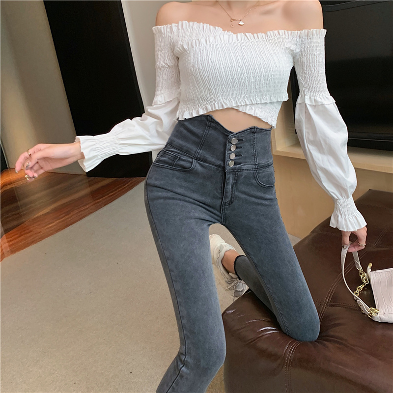 Tobacco Grey Jeans Woman 2021 springtime Korean version Design sensation High waist hollowed out slim 100 lap tight pencil pants woman