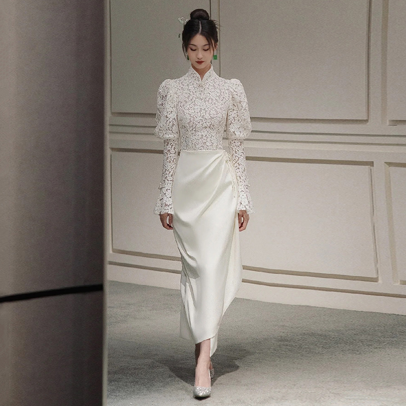 Lace wedding dress, retro cheongsam, french style, 2023 collection, suitable for teen, long sleeve, lace dress Lace wedding dress, retro cheongsam, french style, 2023 collection, suitable for teen, long sleeve, lace dress