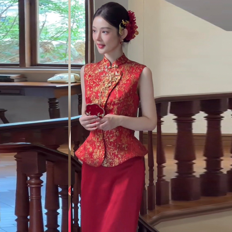 New Chinese-Style Toast Dress for Petite Brides 2026, New National Style Engagement Banquet Wedding Morning Gown Set, Cheongsam New Chinese-Style Toast Dress for Petite Brides 2026, New National Style Engagement Banquet Wedding Morning Gown Set, Cheongsam