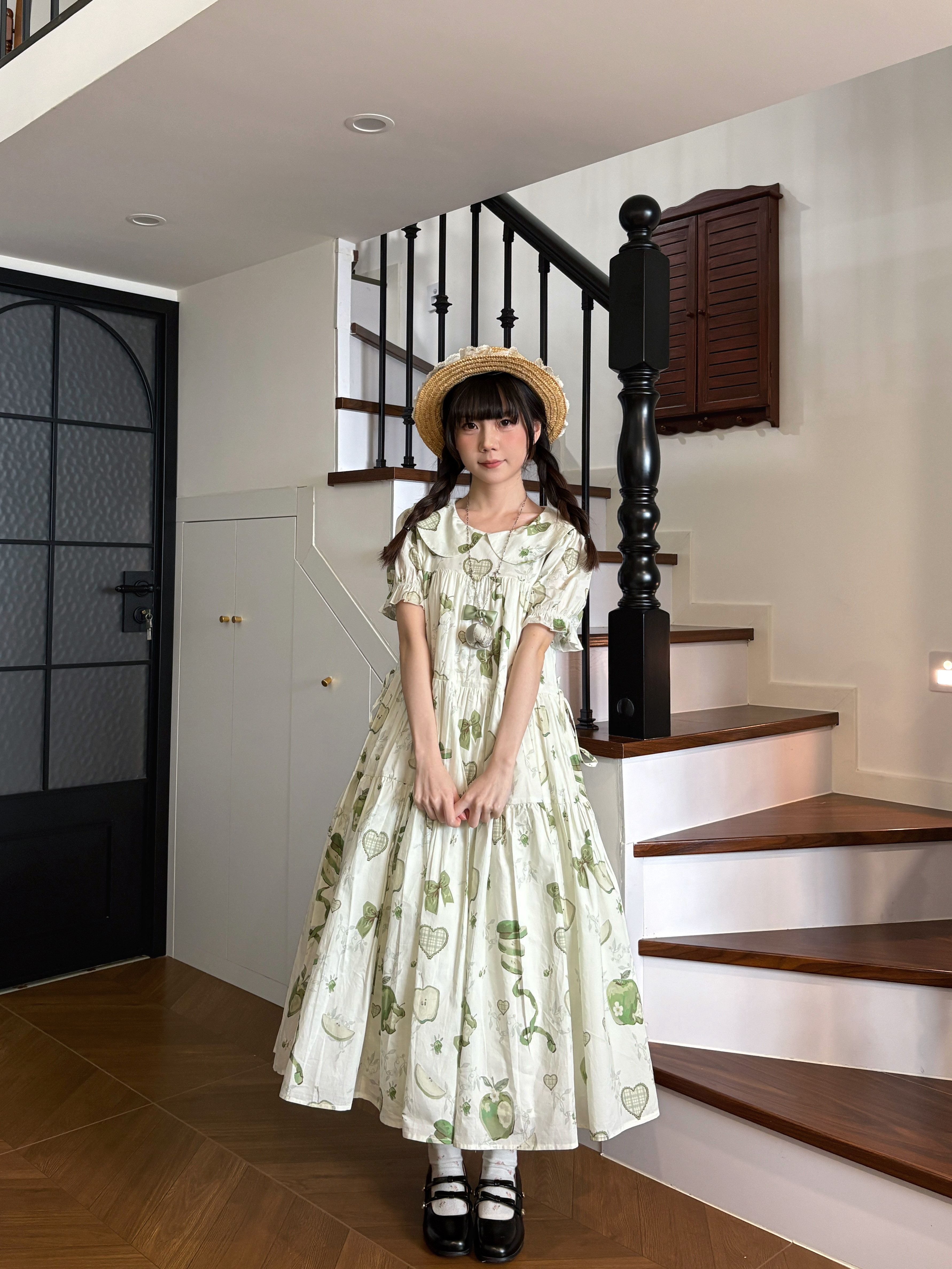 Wind and Sleepオリジナルデザイン - 大きなスカート コットンアップル柄 コットン麻袋スカート (アップルスリープ)