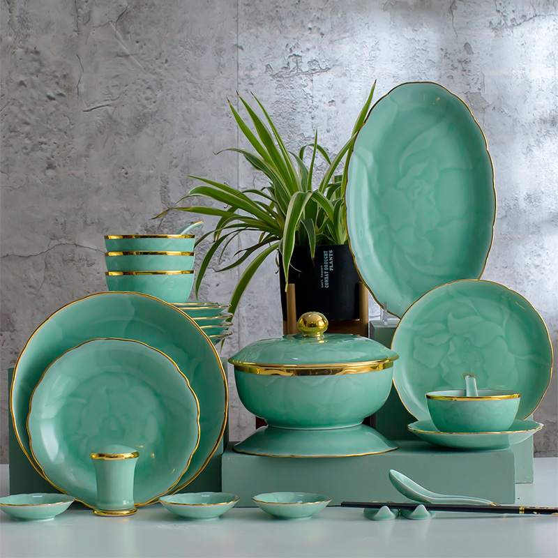 Hand - made celadon dishes Chinese style up phnom penh high - grade celadon dishes of jingdezhen ceramics tableware suit