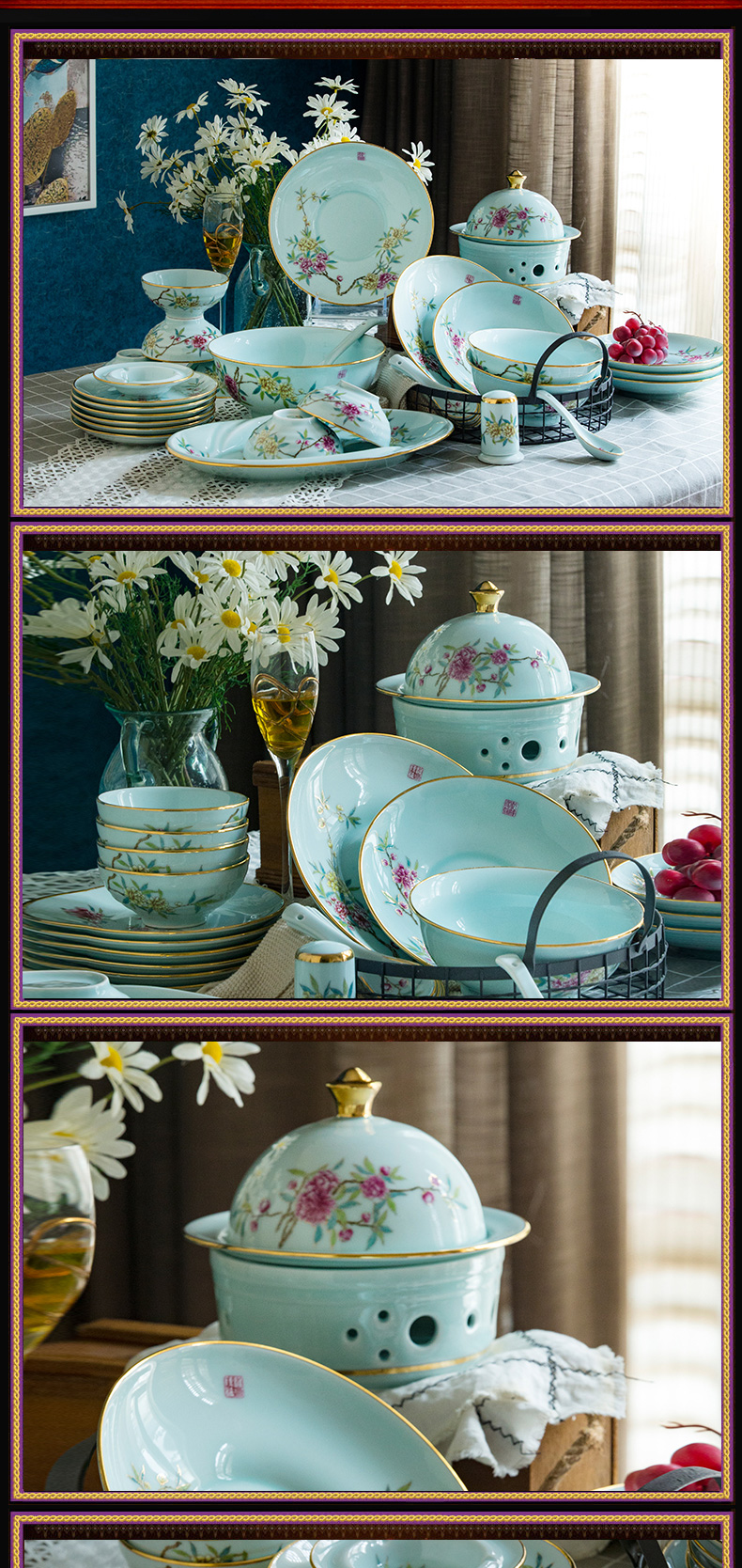 Chinese tableware suit household colored enamel porcelain bowl celadon dishes suit jingdezhen celadon jade porcelain tableware