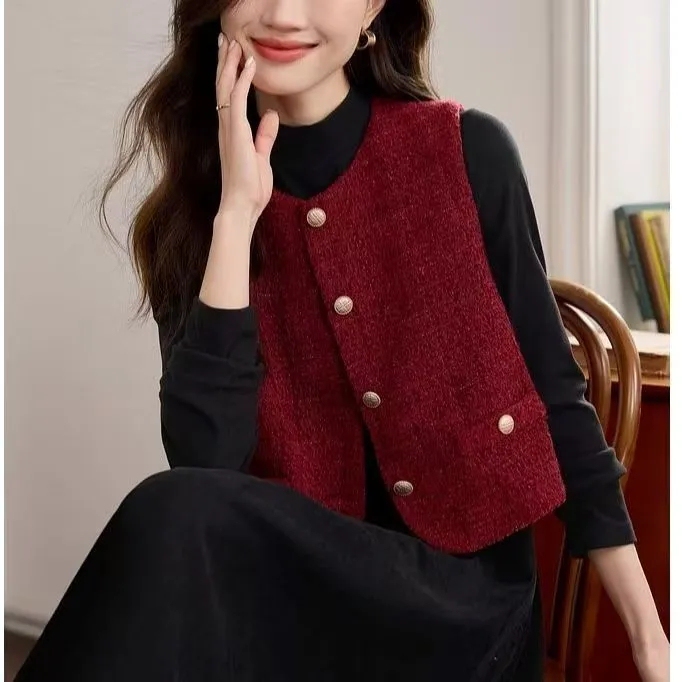 Red Vest for the Year of Birth, New Sleeveless Vest with a Chic and Fashionable Style, Outerwear, Jacket, Waistcoat, Tweed