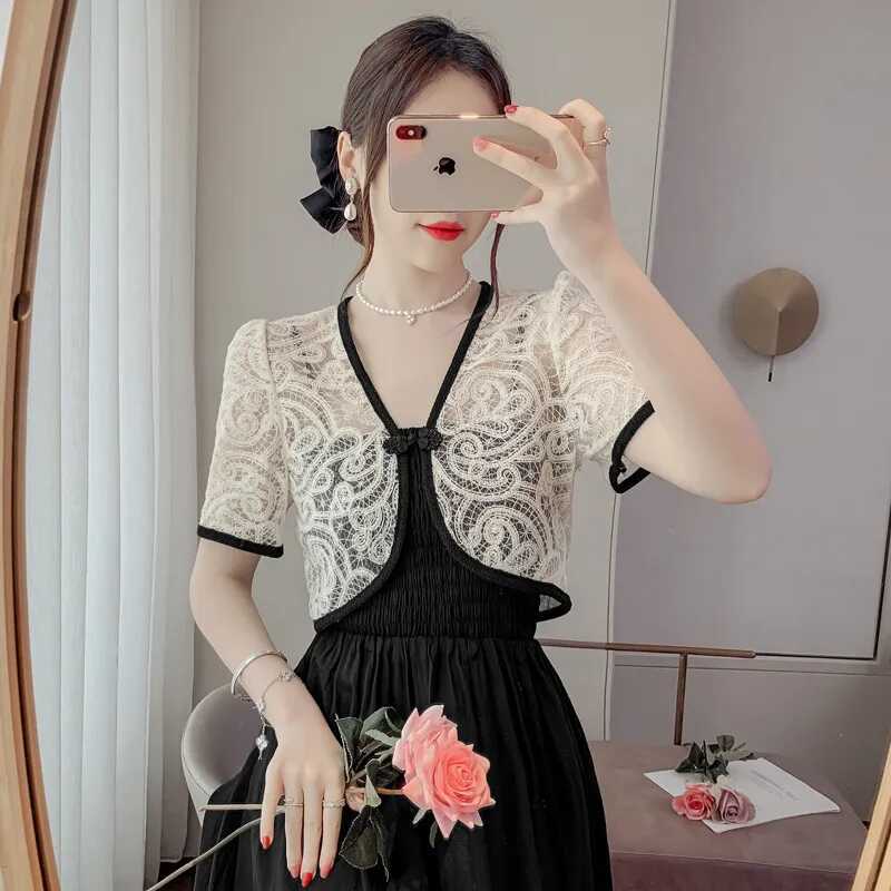 Summer New Style Chinese-Style Button Hollow Lace Sun Protection Cardigan Top for Women, Short Shawl Cover-Up with Straps
