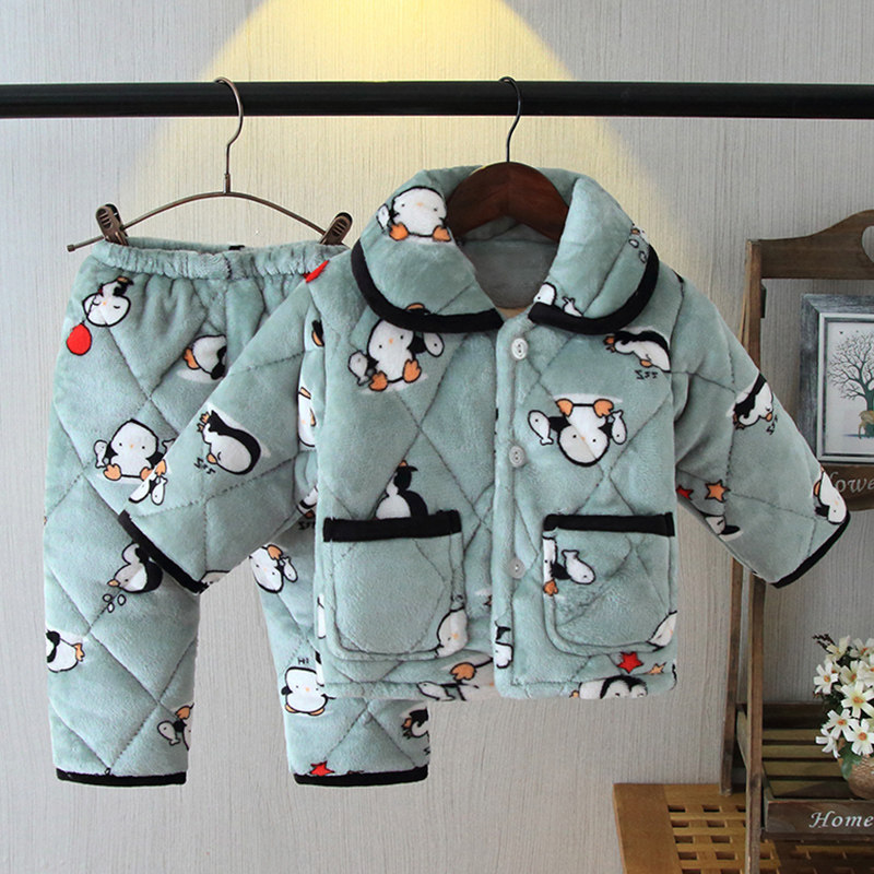 Winter children's flannel pajamas thickened padded cotton boys and girls middle and large children's baby coral velvet home clothes set