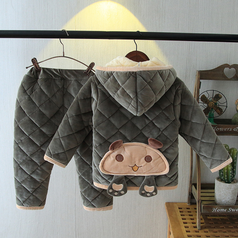 Boy Coral Suede Home Suit Suit Triple Thickened Cartoon Baby Girl Winter Child Flannel Pyjamas